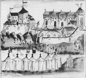 Altes Bild der Belagerung von Grüningen während des Alten Zürichkrieges 1440